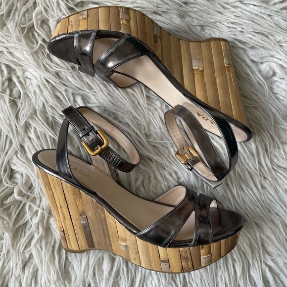 Prada Metallic Silver Pewter Patent Leather Bamboo Wedge Ankle Strap Sandals 39 - Picture 6 of 13